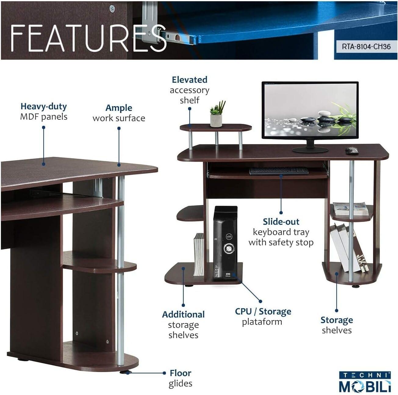 Elegant Chocolate MDF Computer Desk with Keyboard Tray and Storage