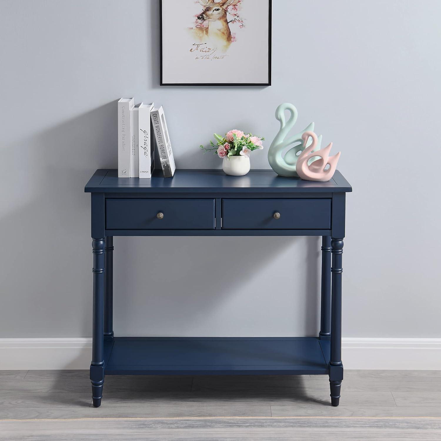 Solid Wood Console Entry Table with 2 Drawers, Accent Sofa Table with Storage Shelf, Narrow Entryway Hall Table for Living Room Office Easy Assembly 35.54" L x 30" H x 13.78" W Blue SFZ-004BL