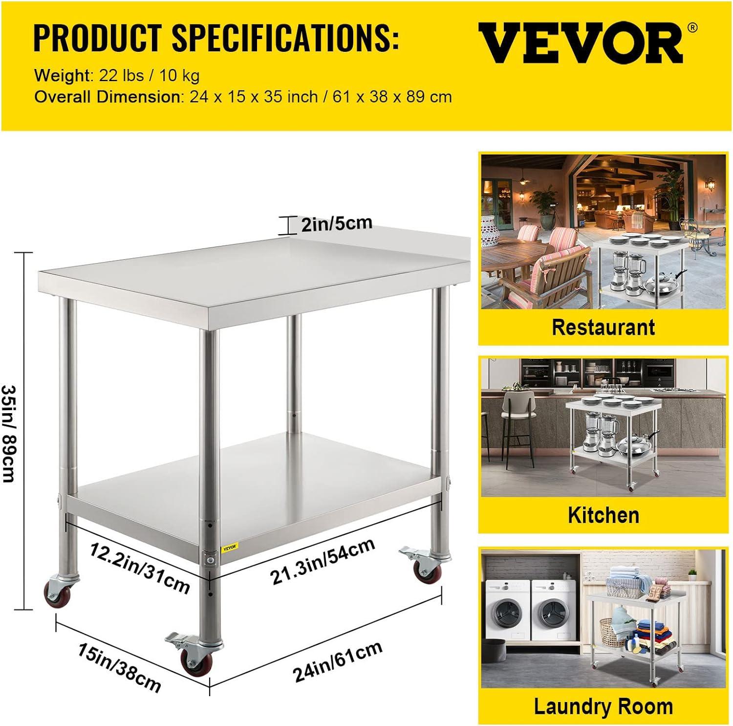 VEVOR Stainless Steel Adjustable Shelf Prep Table, Silver