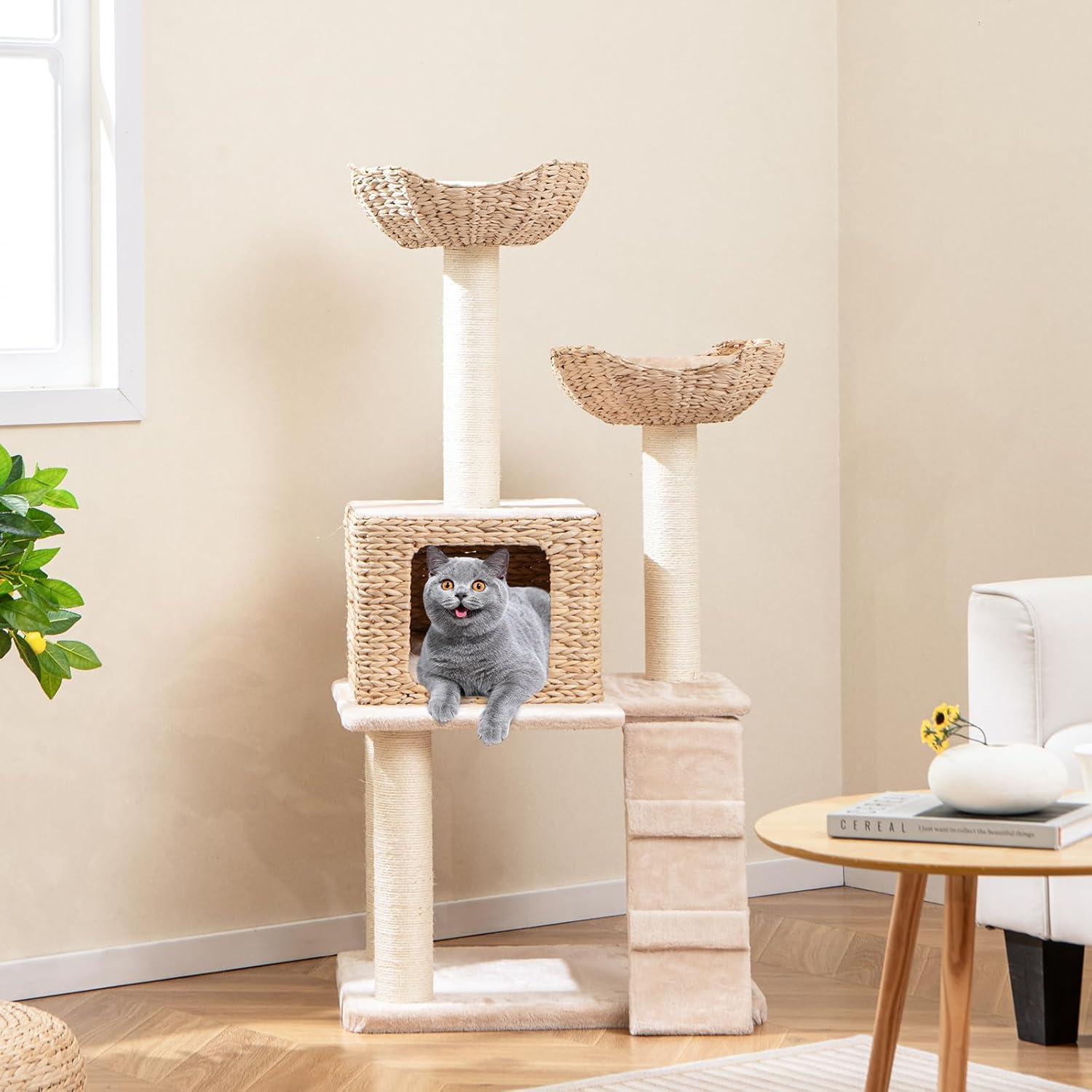 Tangkula 48" Cattail Cat Tower w/ Sisal Scratching Posts Perch Condo Basket Bed Ladder