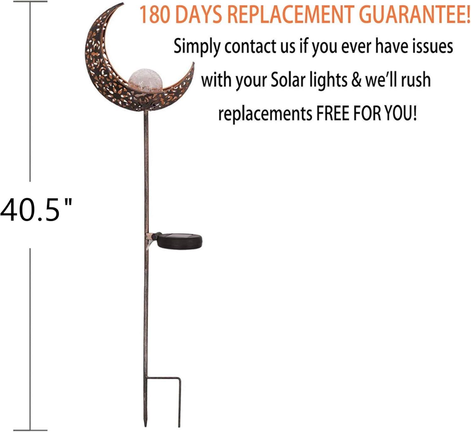 TRAHOO-Garden Solar Light Outdoor Decorative, Moon Crackle Glass Globe Stake Metal LightsWaterproof Warm White LED for Pathway, Lawn, Patio, Yard