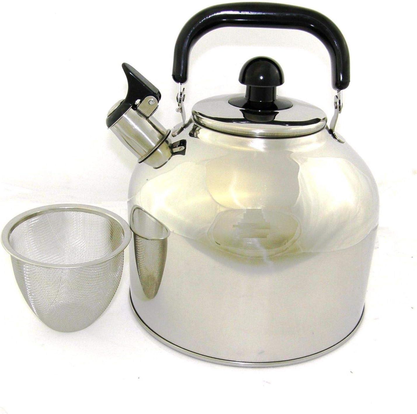 Stainless Steel Whistling Tea Kettle Large 7 Quart Teapot with Mesh Infuser 6.3 Liter Hot Water Pot Removable Lid Covered Handle Big Teapot For Making Brewed Iced Tea or Coffee Whistle