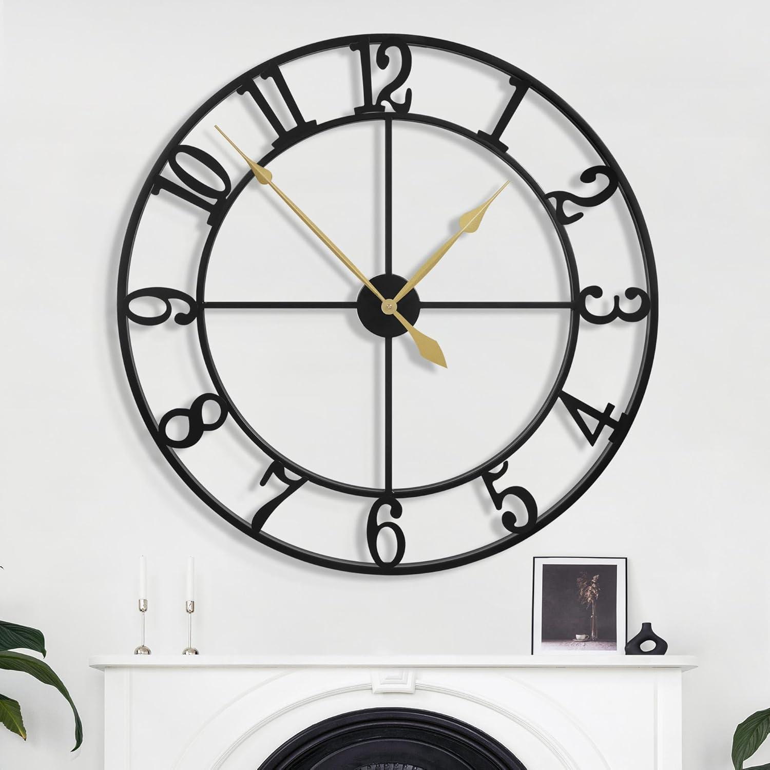 Large Vintage Round Metal Wall Clock Silent Non Ticking Battery Operated Black Roman Numerals Clocks For Living Room Bedroom Kitchen Decoration