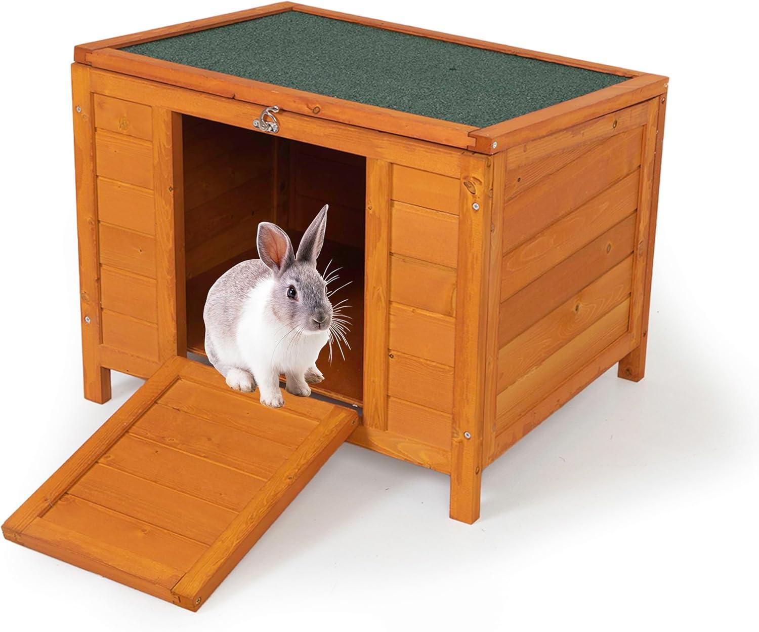 Small Wood Rabbit Hutch Bunny Cage, Raised Cat House with Ladder for Small Animals, Orange