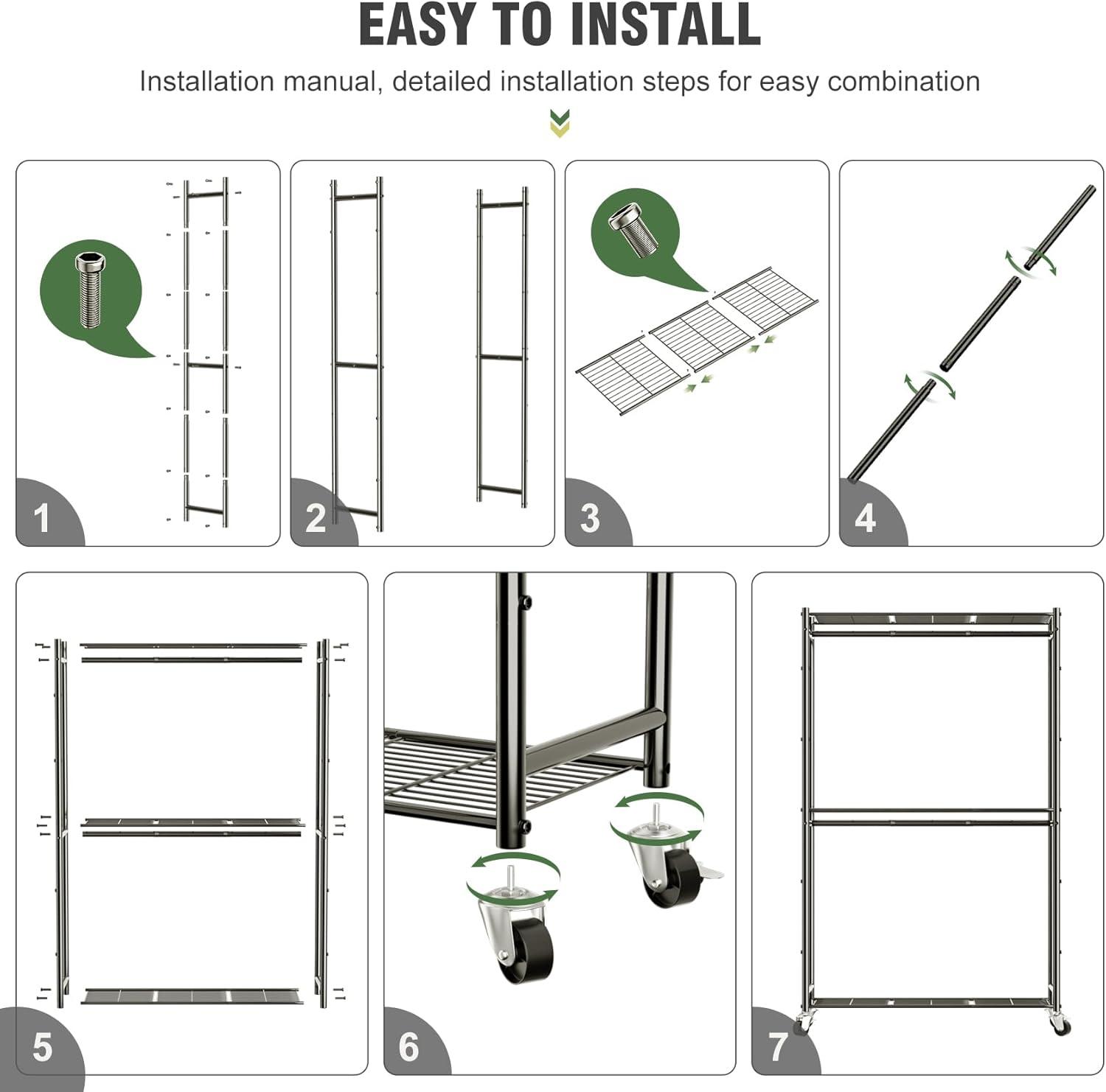 3 Tiers Rolling Clothes Rack With Wheels, Hanging Rods And Side Hooks