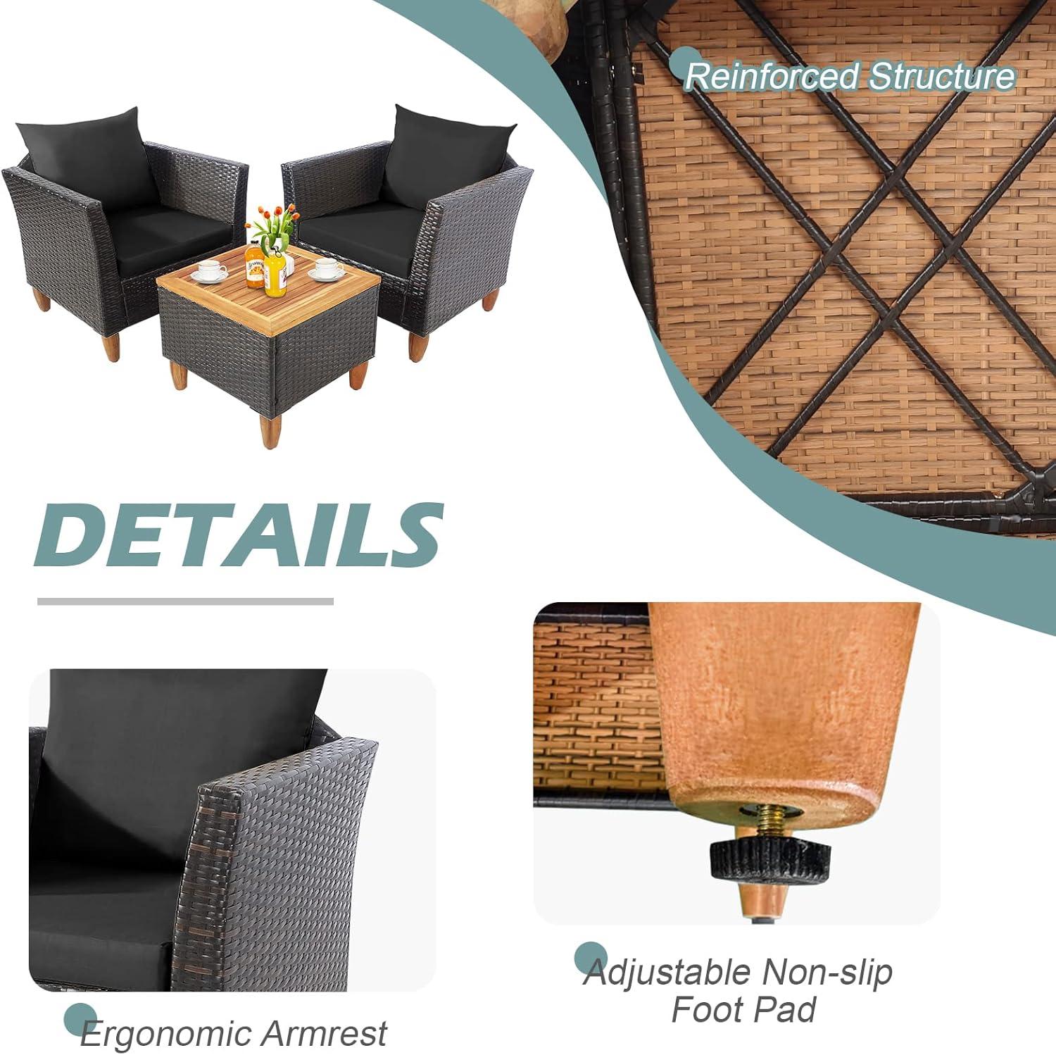 Costway 3PCS Outdoor Patio Rattan Furniture Set Wooden Table Top Cushioned Sofa Black