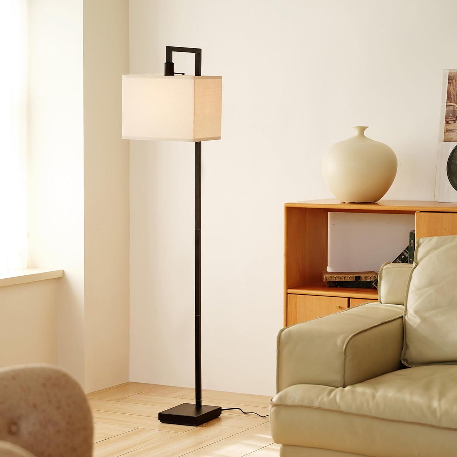 Matte Black Adjustable Floor Lamp with Beige Linen Shade