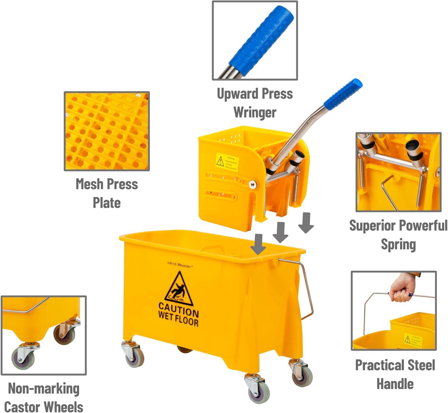 Mind Reader Bucket with Wringer and Mop Set, 22 Qt (5.5 Gallon), Floor Cleaning, Wheels, 16.25"L x 10.75"W x 24.5"H, Yellow