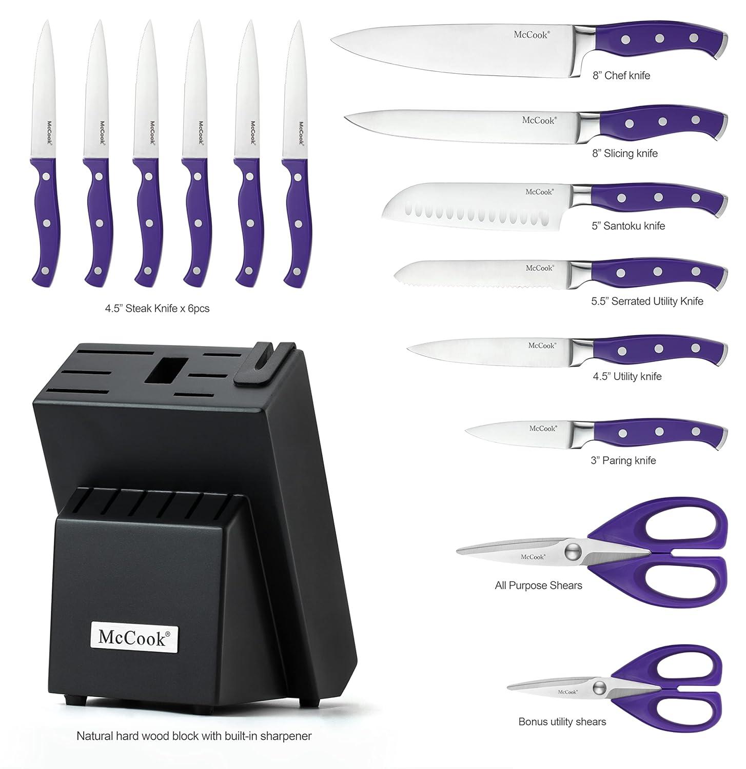 MC27 14 Pieces Stainless Steel kitchen knife set with Wooden Block, Kitchen Scissors and Built-in Sharpener, Purple