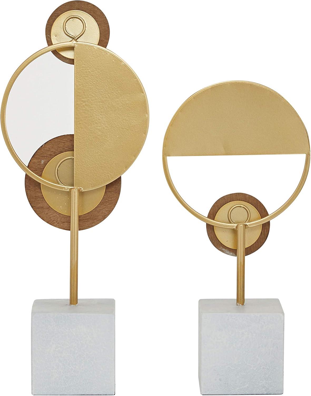 Gold Metal and Wood Geometric Sculpture Set, 19" and 15"H