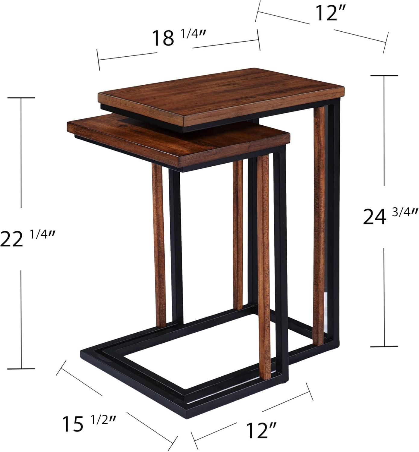 Set of Two 25" Brown Wood and Black Metal Nested End Tables