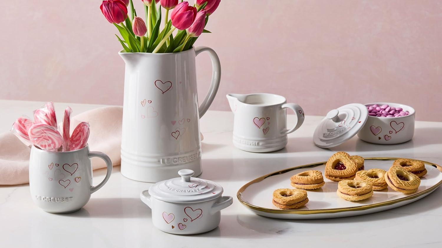 White Stoneware Cream and Sugar Set with Heart Appliqué
