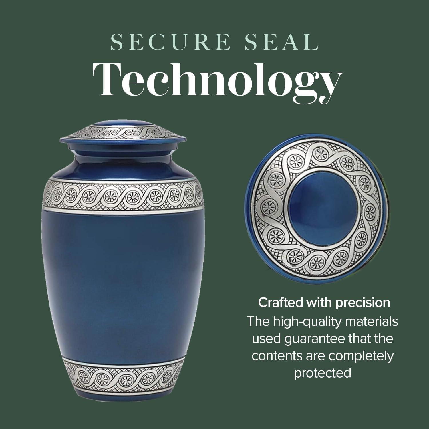 Blue Painted Metal Cremation Urn with Engraved Design