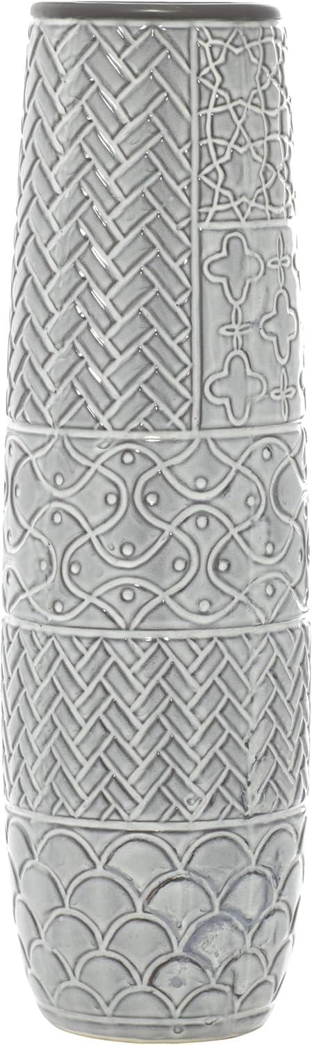 DecMode Gray Eclectic Ceramic Decorative Vase with Chevron, Scribbles, Curved Scales and Scrolling Vines Pattern, 7"W x 22"H