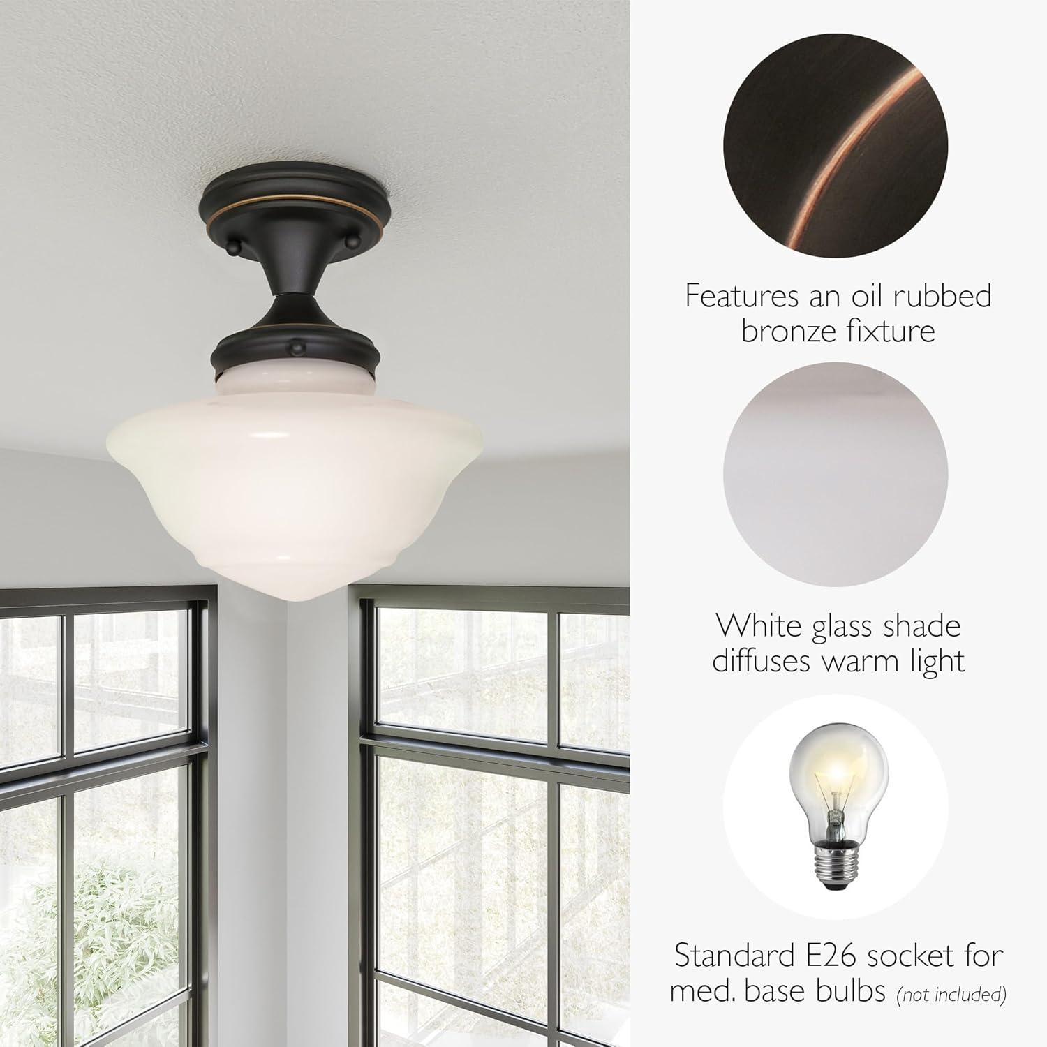 Vintage Globe Schoolhouse Ceiling Light in Oil Rubbed Bronze with White Glass Shade