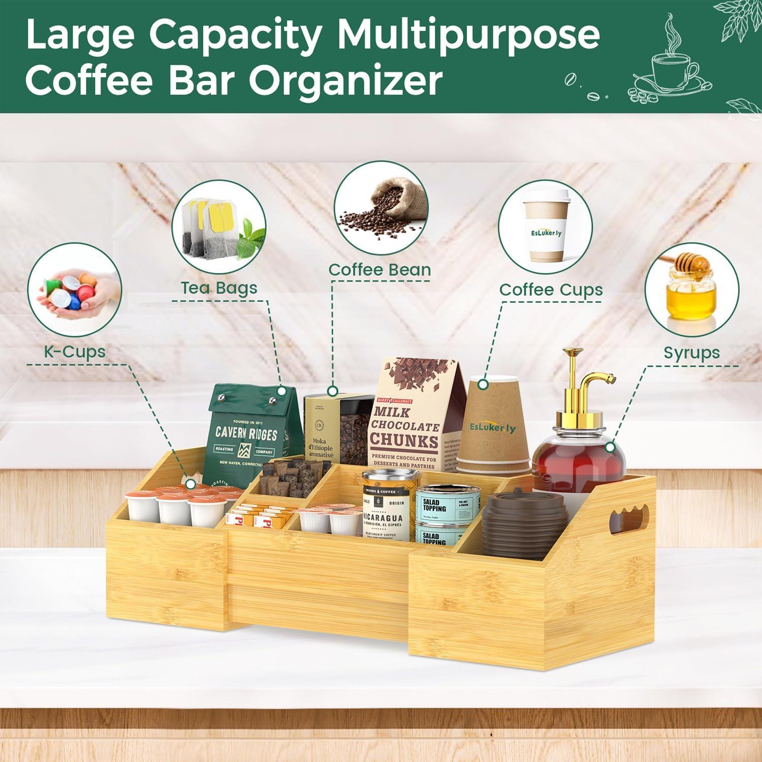 Coffee Station Organizer Countertop, Bamboo Extendable Coffee Bar Condiment Accessories Storage, Space-Saving Coffee Tea Supply For Home Office, Kitchen Coffee Area Nook For Coffee Lovers