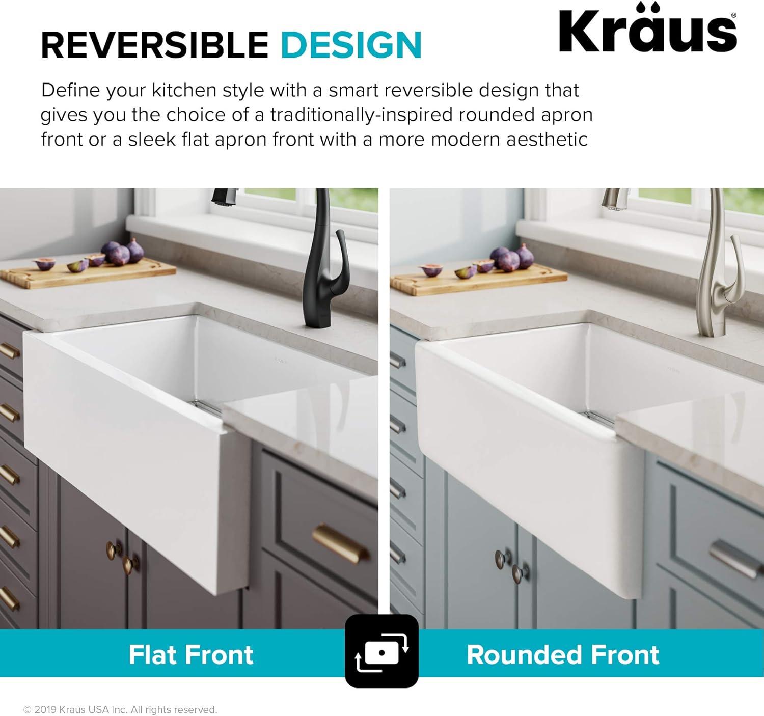KRAUS Turino™ Reversible 33-inch L Fireclay Farmhouse Flat Apron Front Single Bowl Kitchen Sink with Bottom Grid