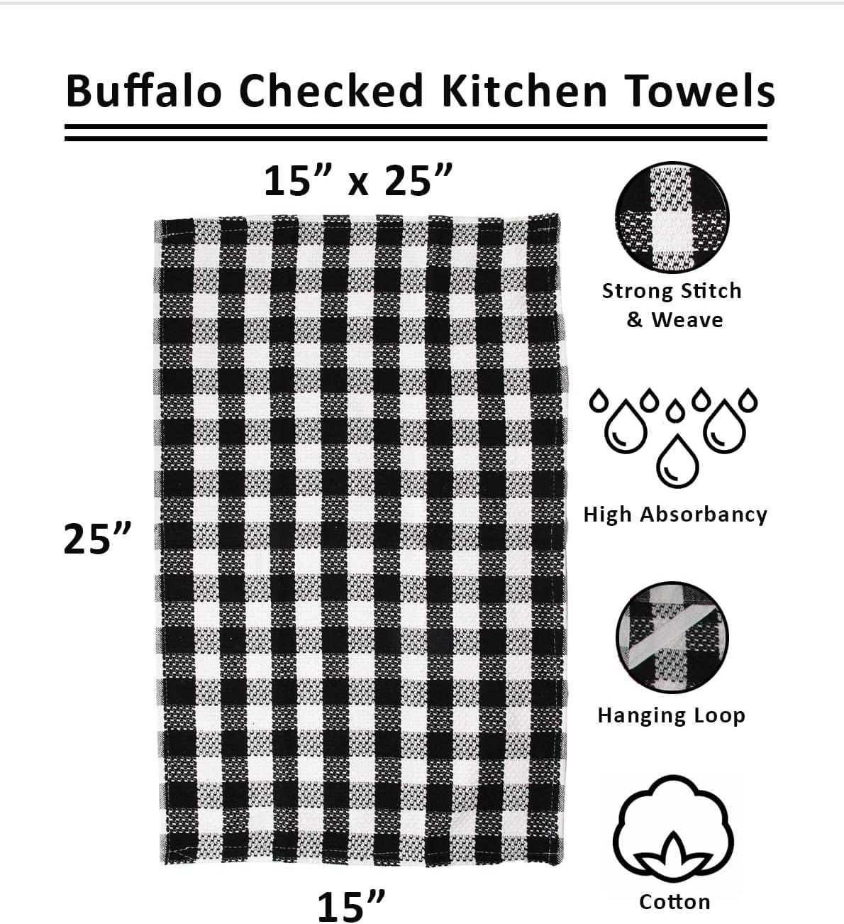 Black Buffalo Check Kitchen Towels And Dishcloths Set White and Black Plaid 100% Cotton 8 Piece