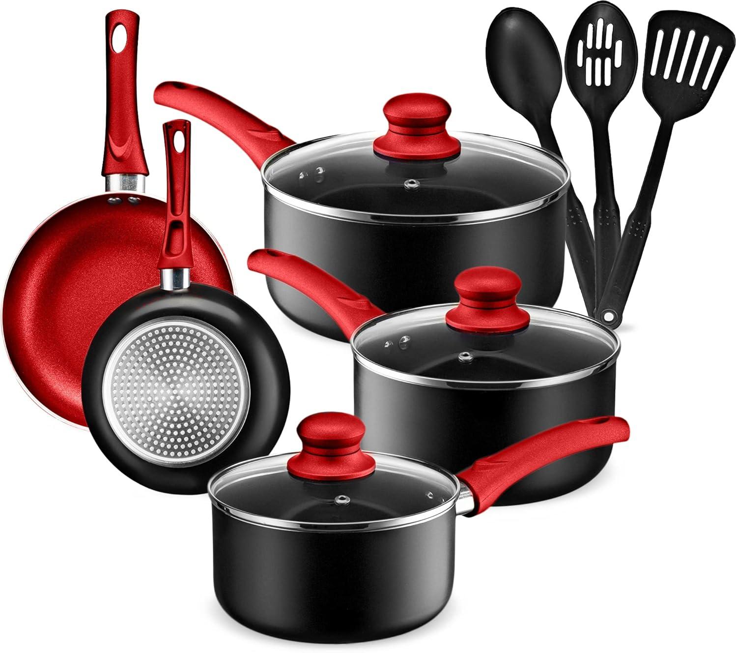 11-Piece Red and Black Nonstick Aluminum Cookware Set