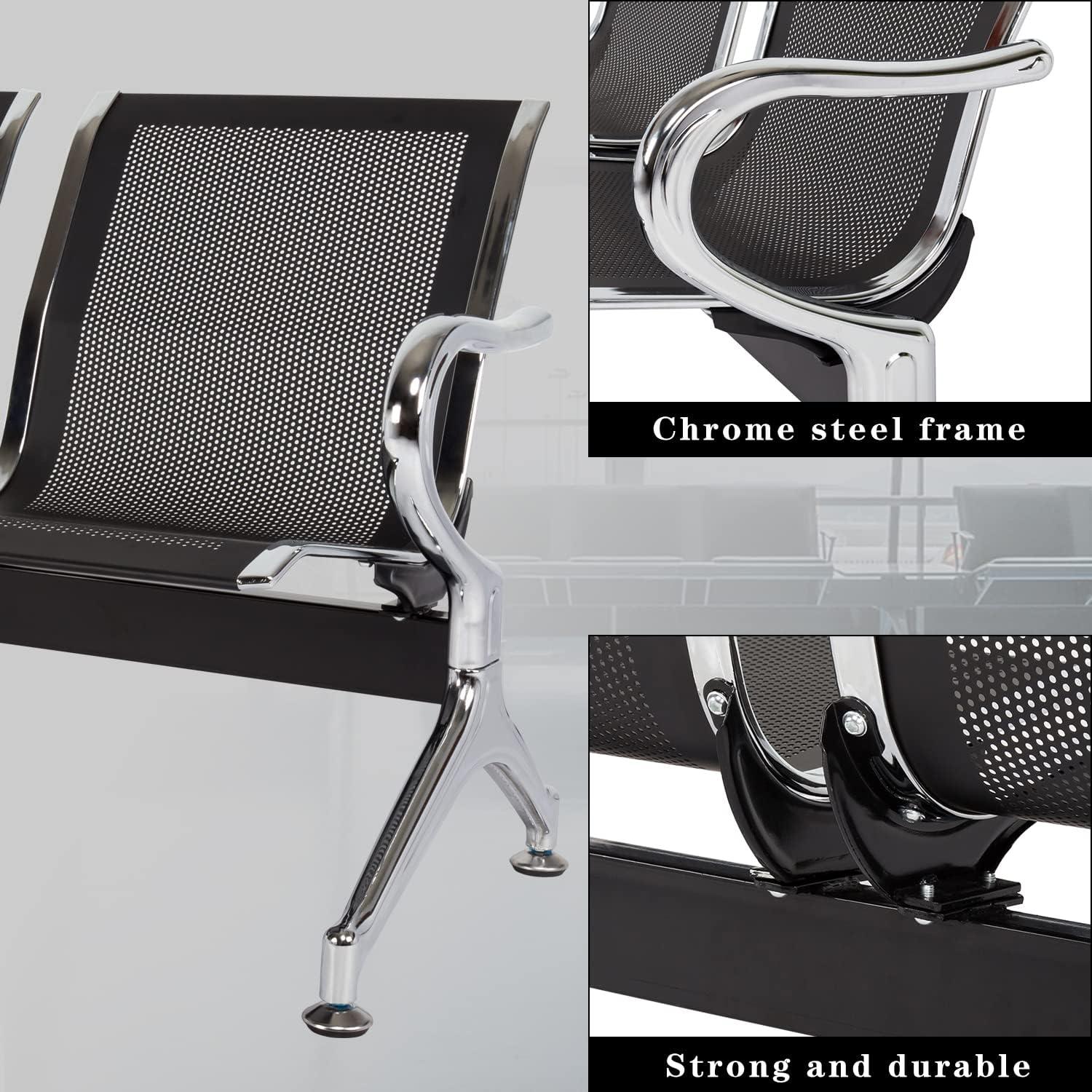 Kinbor Waiting Room Chairs, 3-Seat Reception Chairs Office Guest Waiting Furniture Bench Seating for Airport Bank Hospital, Black
