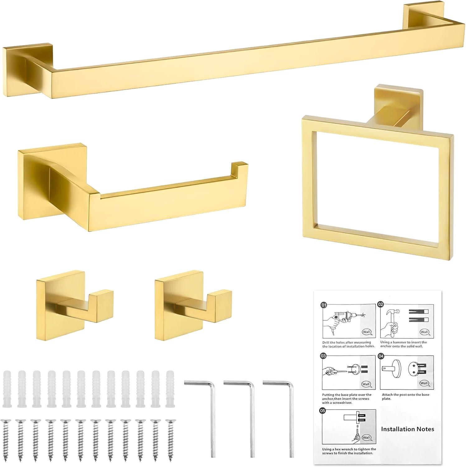 5-Piece Bathroom Hardware Accessories Set 23.6 inch brushed Gold Towel Bar Towel Rack Sets Modern Towel Ring Kit Stainless Steel Wall Mounted