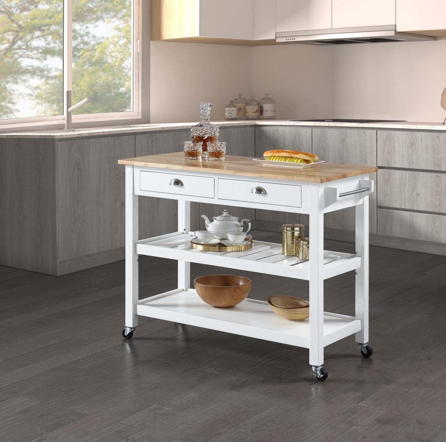 Convenience Concepts American Heritage 3 Tier Butcher Block Kitchen Cart with Drawers, White/Butcher Block