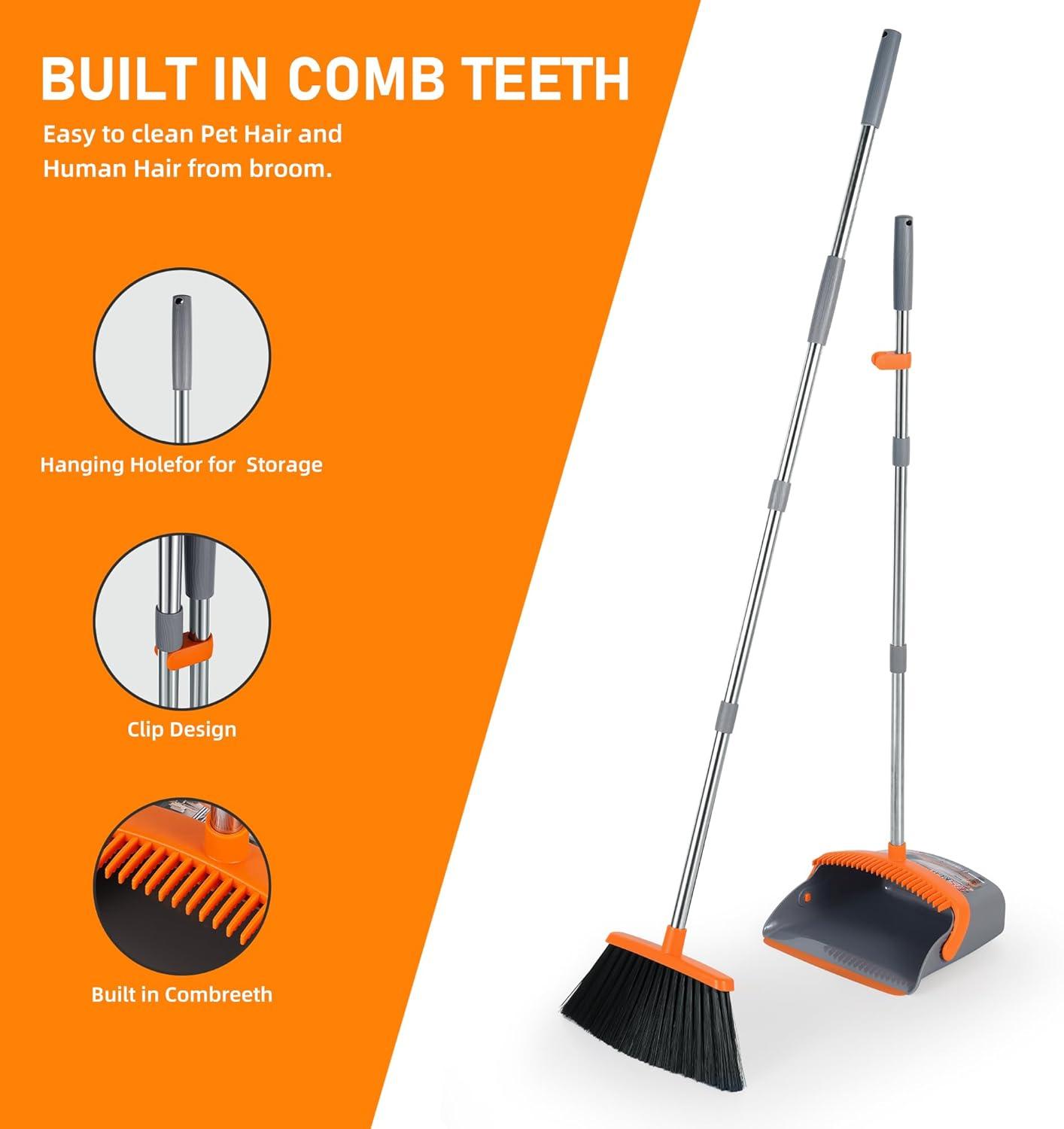 Adjustable Stainless Steel Broom and Dustpan Set with Orange Handle