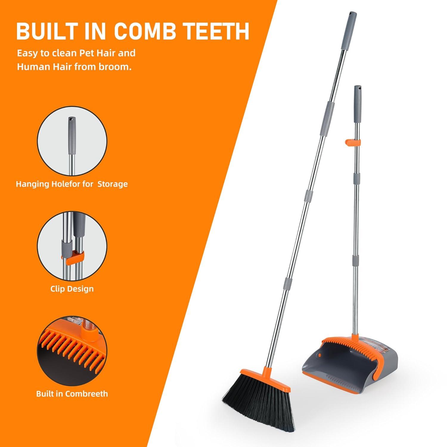 Heavy-Duty Broom and Dustpan Set for Outdoor Broom and Dust pan for Home Commercial Cleaning Supplies Angle Broom with Long Handle Perfect for Courtyard Garage Lobby Mall Market Street, B6