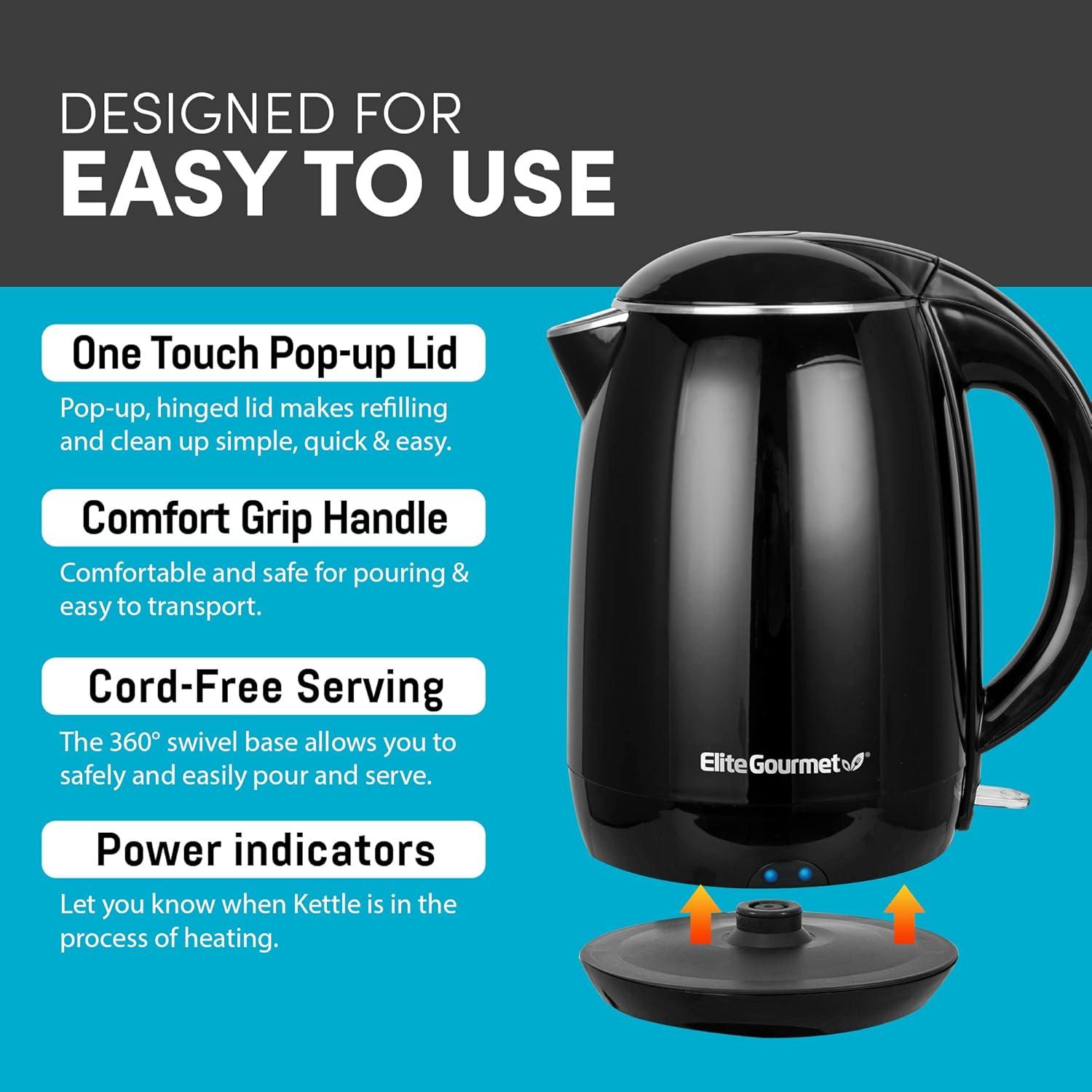 Elite Gourmet 1.8L Cool-Touch Electric Kettle, Stainless Steel, Black