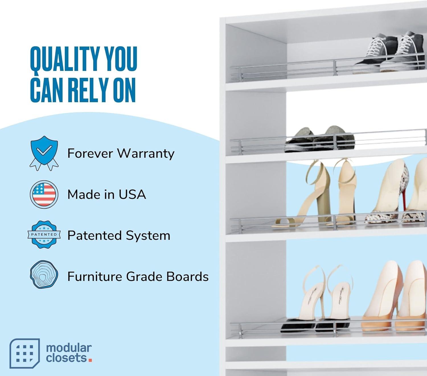 Modular Closets 8 Tiered White Slanted Shoe Shelf Closet Organizer Unit, 19.5"