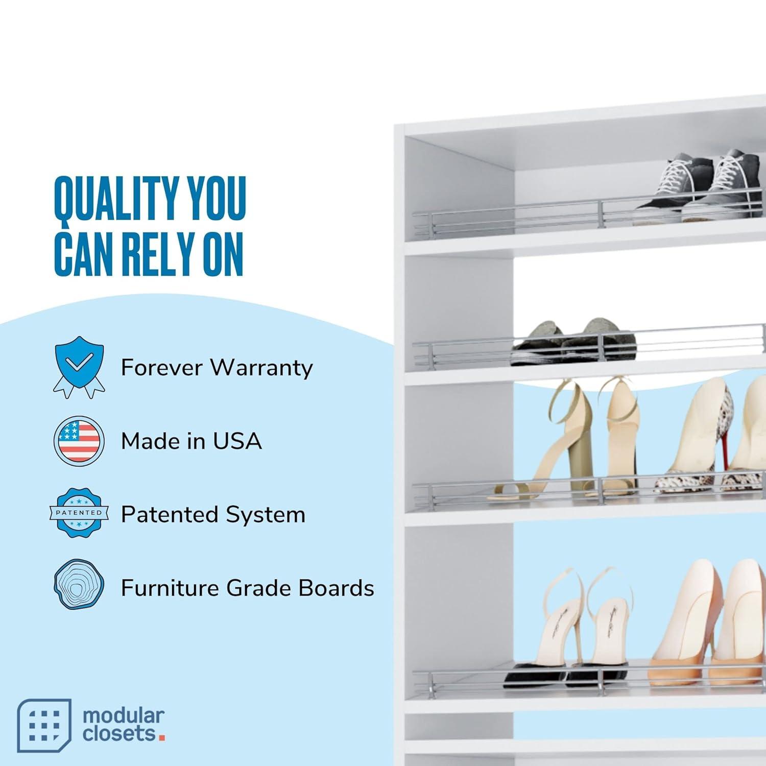 Modular Closets 8 Tiered White Slanted Shoe Shelf Closet Organizer Unit, 19.5"