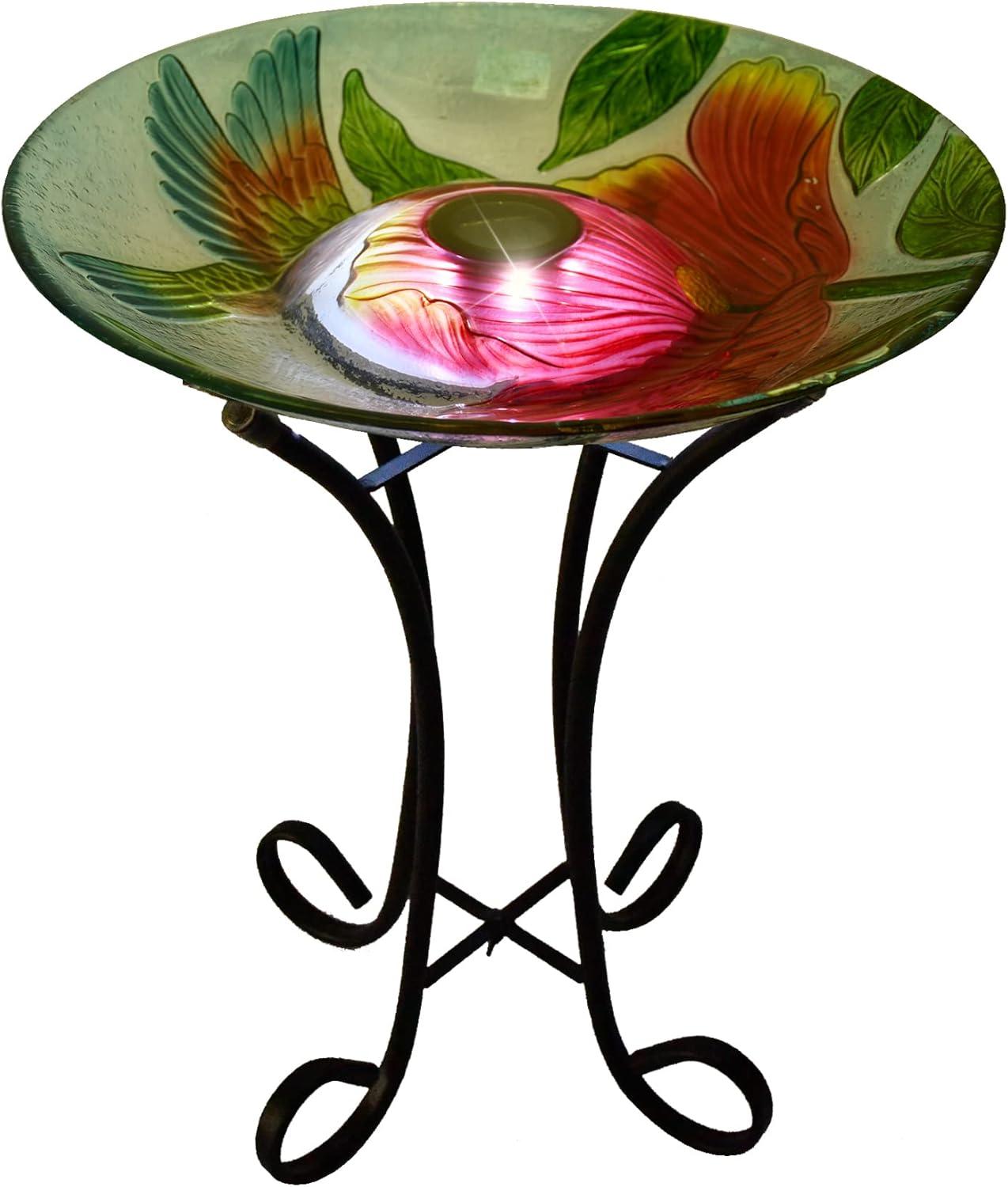 Solar LED Floral Glass Bird Bath with Metal Stand