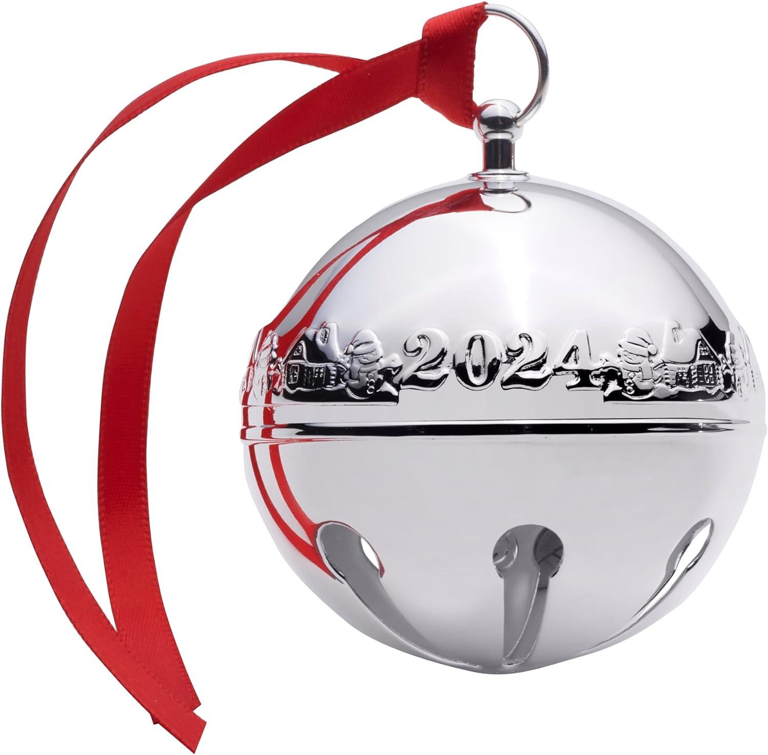 2024 Silver Plated Sleigh Bell Ornament with Red Ribbon