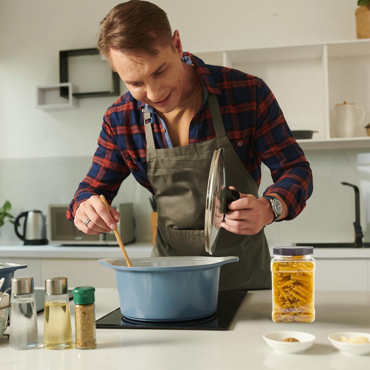 Cornucopia Brands 48oz Square Plastic Jars 3pk; Clear Rectangular 6-Cup Canisters w/ Black Lids, Easy-Grip Side