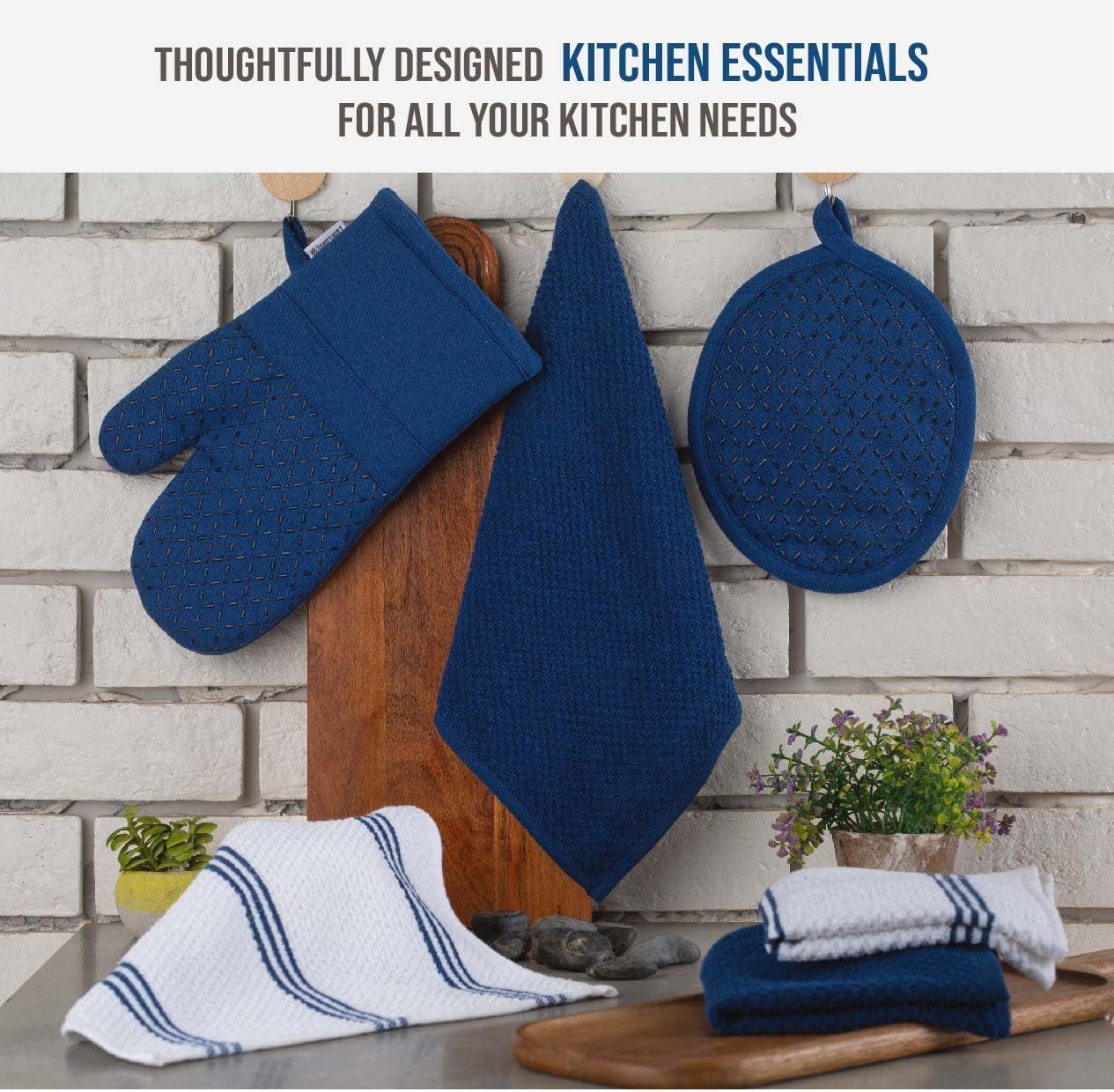 Indigo Cotton Kitchen Towel Set with Silicone Oven Mitts and Pot Holders, 16-Piece