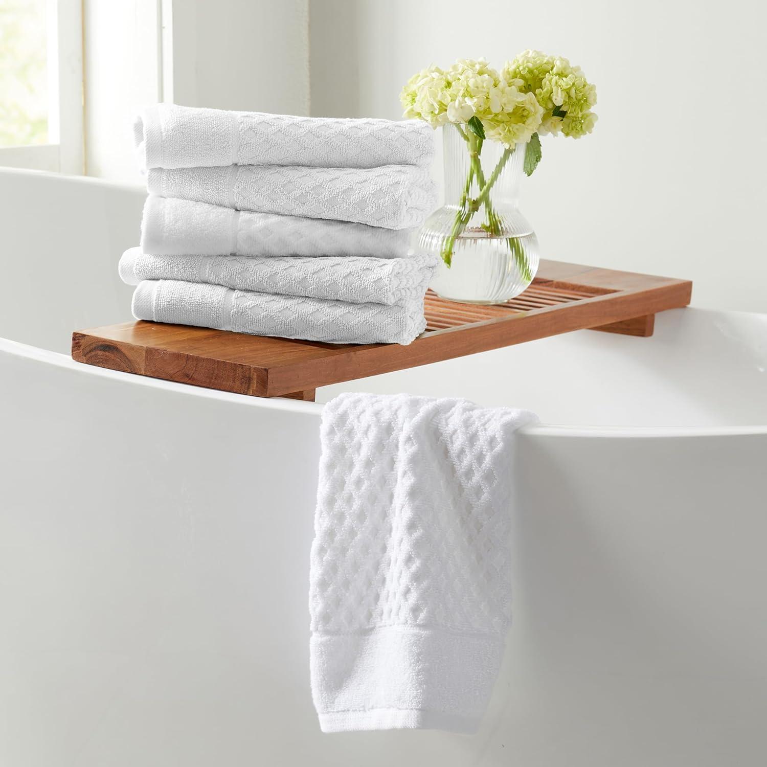 Optic White Cotton Diamond Textured Hand Towel Set, 6-Pack