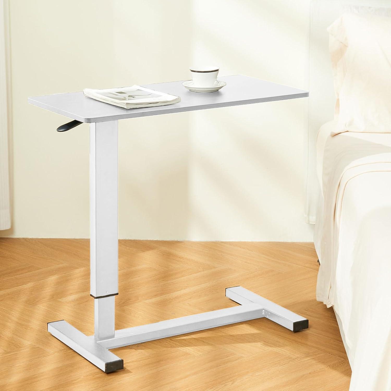 HMTtie Medical Adjustable Overbed Bedside Table with Hidden Casters, Pneumatic Mobile Laptop Computer Standing Desk Cart with Tray, Hospital and Home Use(27.6" W x 15.7" D, White)