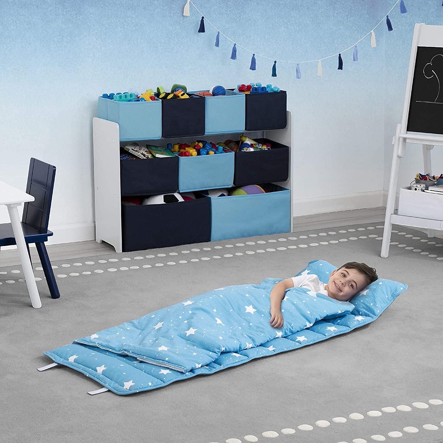 Delta Children Nap Mat with Included Pillow and Blanket for Toddlers and Kids | Features Carry Handle with Strap Closure | Rollup Design | Ideal for Preschool and Daycare, Deep Space