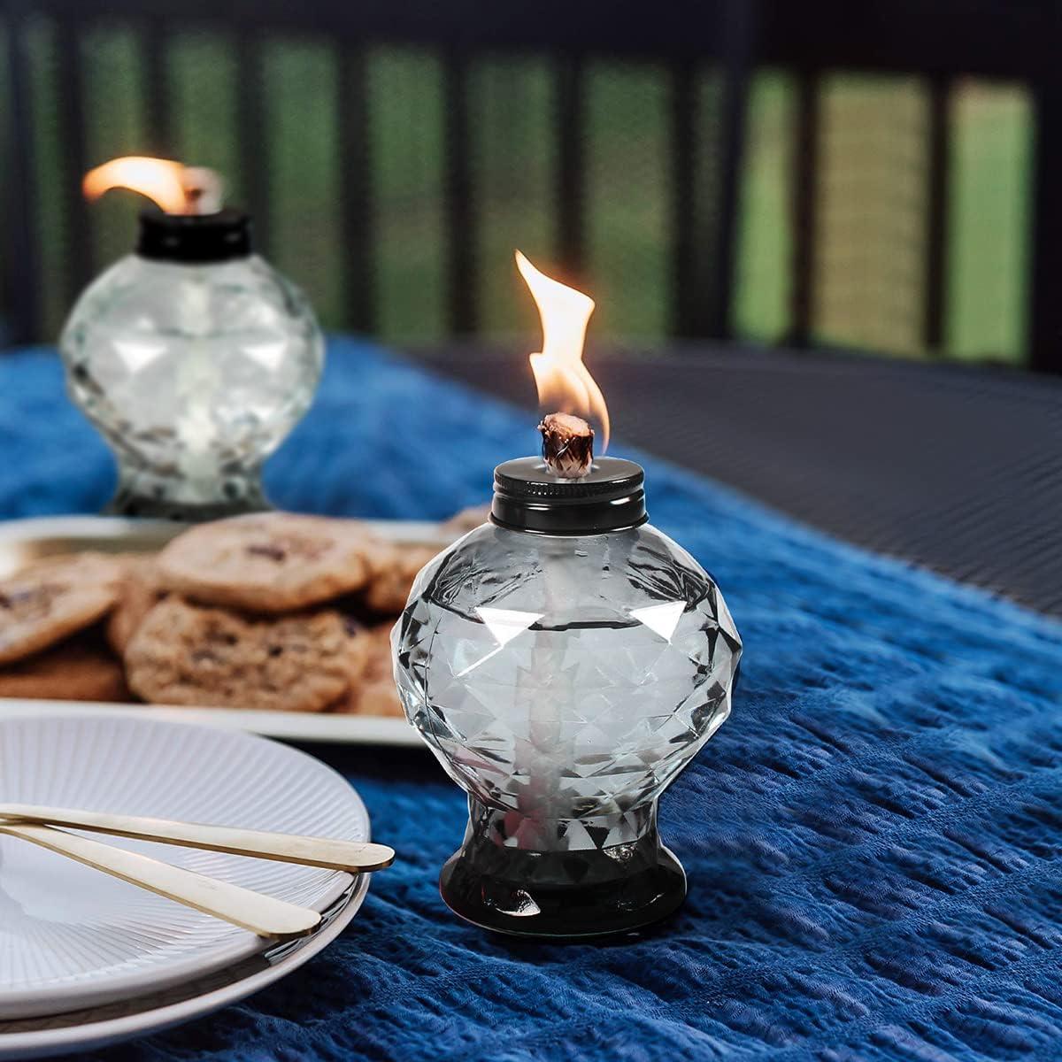 TRAHOO-4 Pack Glass Table Top Light Torches for Outside, Easy to Refill Glass Citronella Torches Outdoor Lanterns, Wick and Cap Included Torch for Garden Patio Yard Party