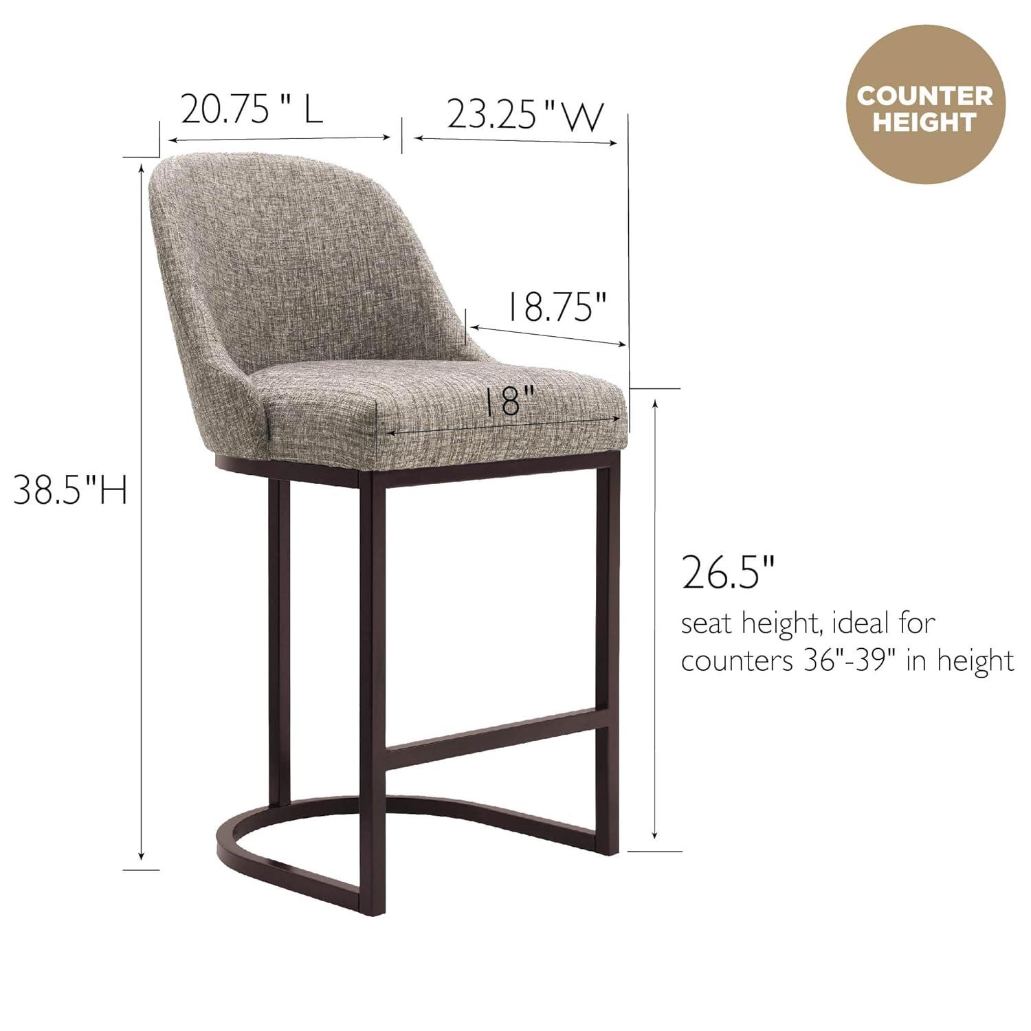 Leick Home Set of 2 Barrelback Counter Height Barstool with Metal Base Espresso/Gray Linen: Upholstered, Steel Legs, Modern Style