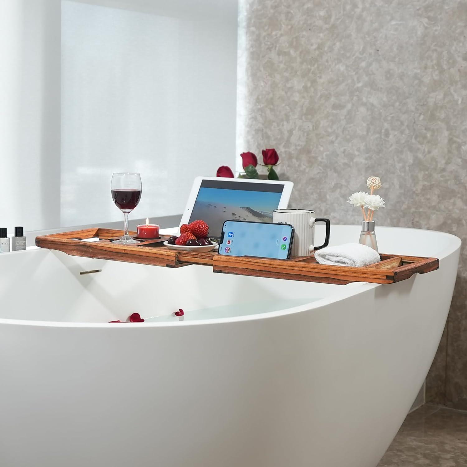 Teak Expandable Adjustable Bathtub Tray with Book and Wine Holder