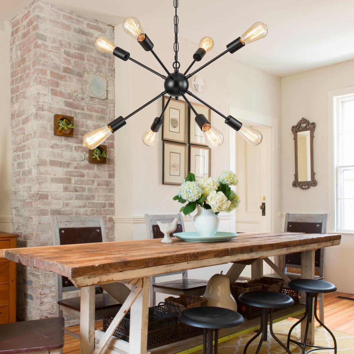 Matte Black 8-Light Sputnik Chandelier with Adjustable Rod