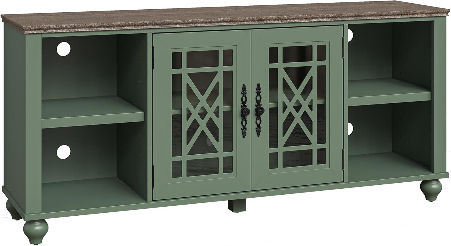 Green Vintage TV Stand with Carved Doors and Oak Legs