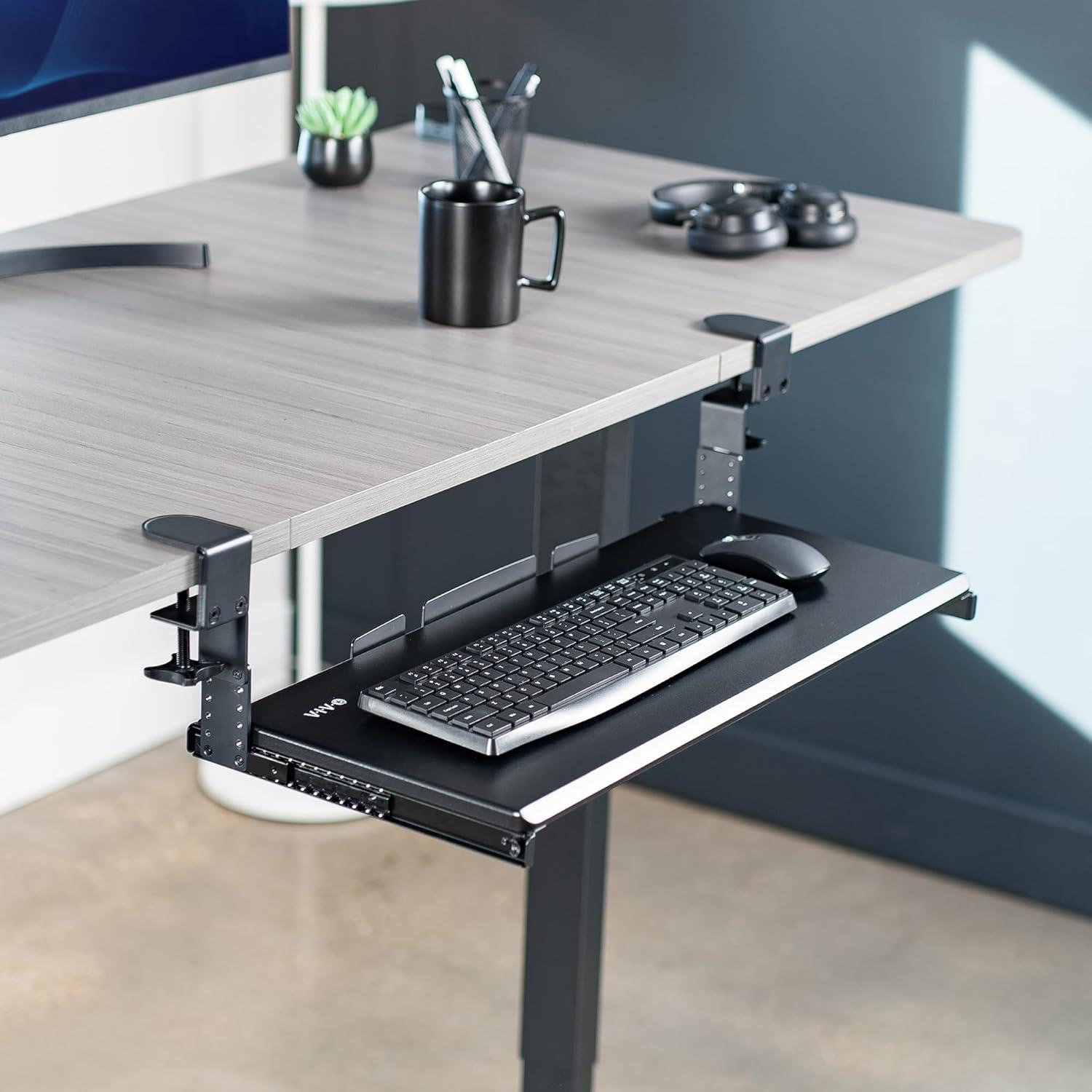 VIVO Black Clamp-on Height Adjustable Keyboard and Mouse Under Desk Slider Tray