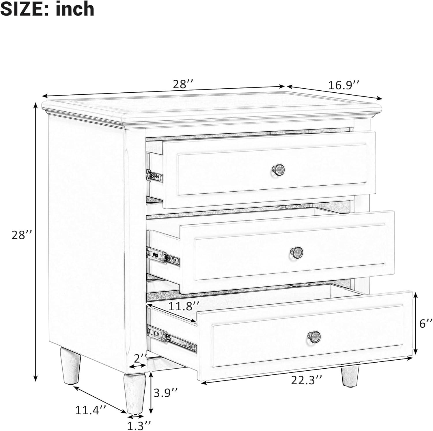 Black 28'' Modern 3-Drawer Wood Nightstand