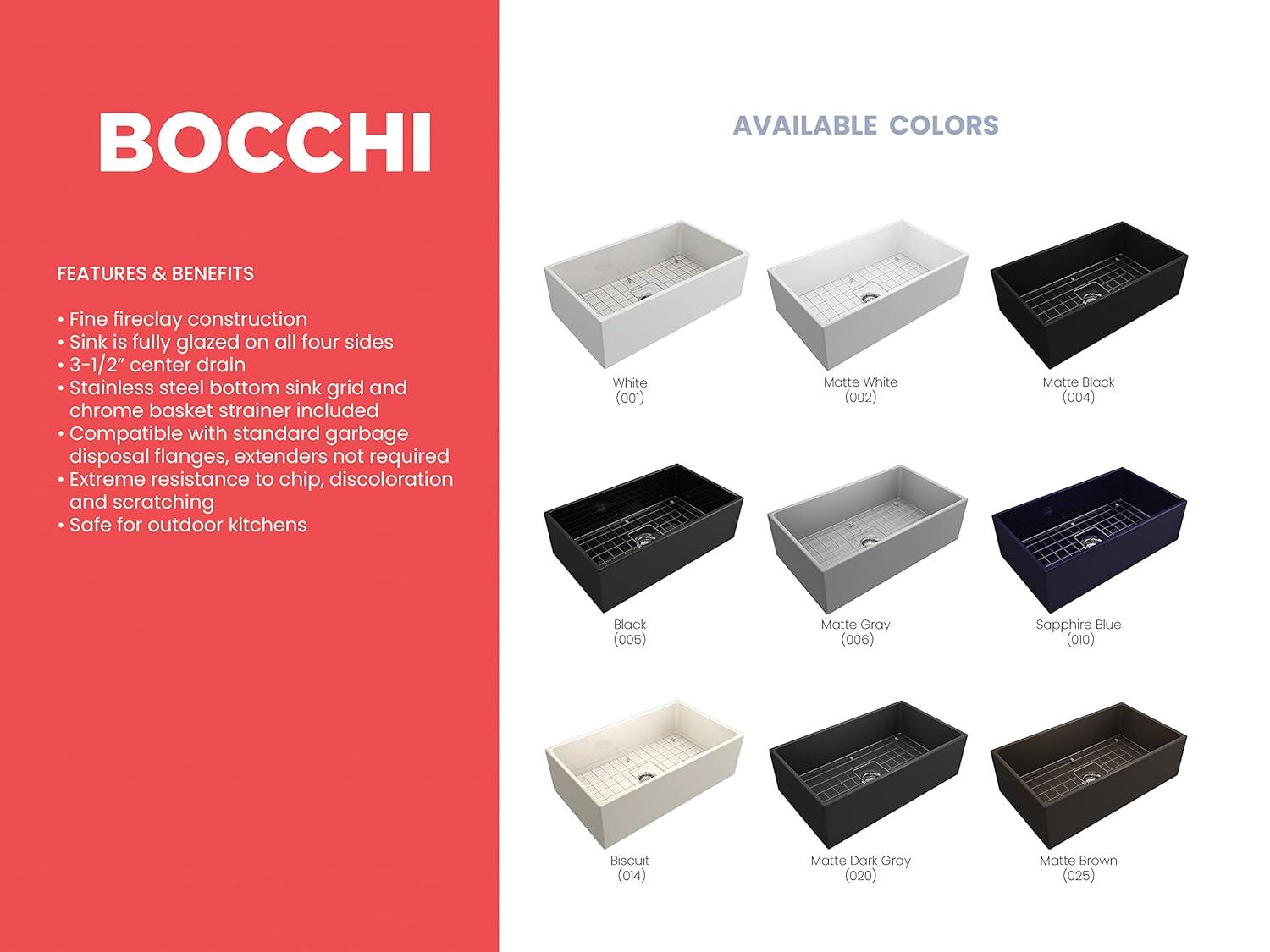 BOCCHI Contempo Farmhouse Apron Front Fireclay 33 in. Single Bowl Kitchen Sink with Protective Bottom Grid and Strainer in Matte Gray