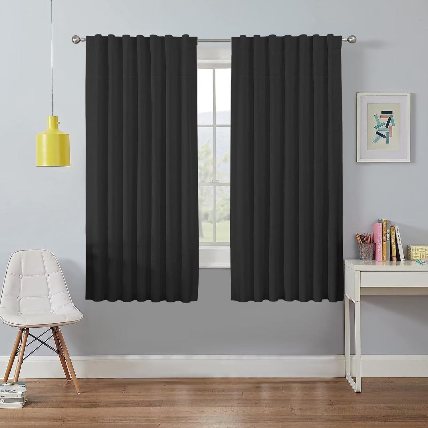 Coodeto Short Blackout Curtains Black, Set of 2, W52 x L63 - Blackout Curtains for Kitchen and Kids Bedroom