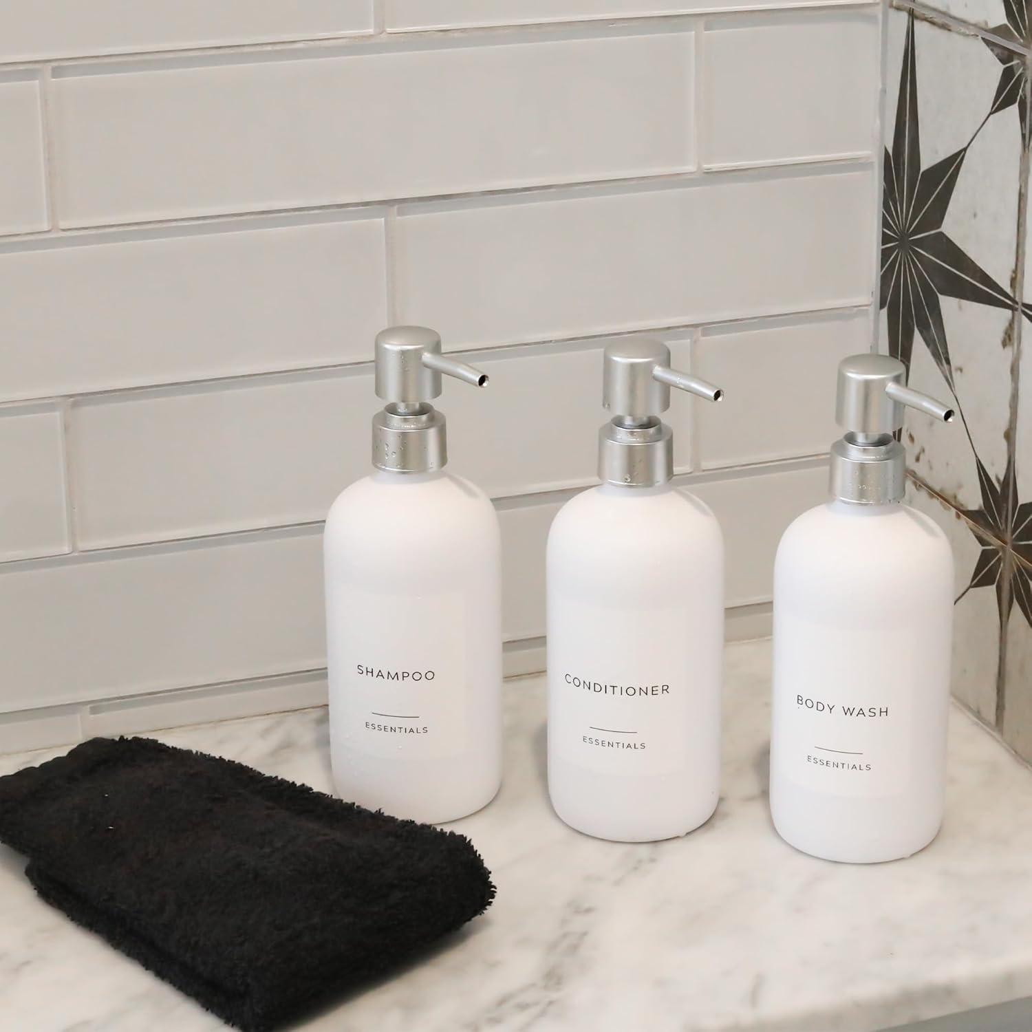 Stylish Shampoo and Conditioner Dispenser Set of 3 - Modern 21oz Shower Soap Bottles with Pump and Labels - Easy to Refill Body Wash Dispensers for an Instant Bathroom Decor Upgrade - White C31