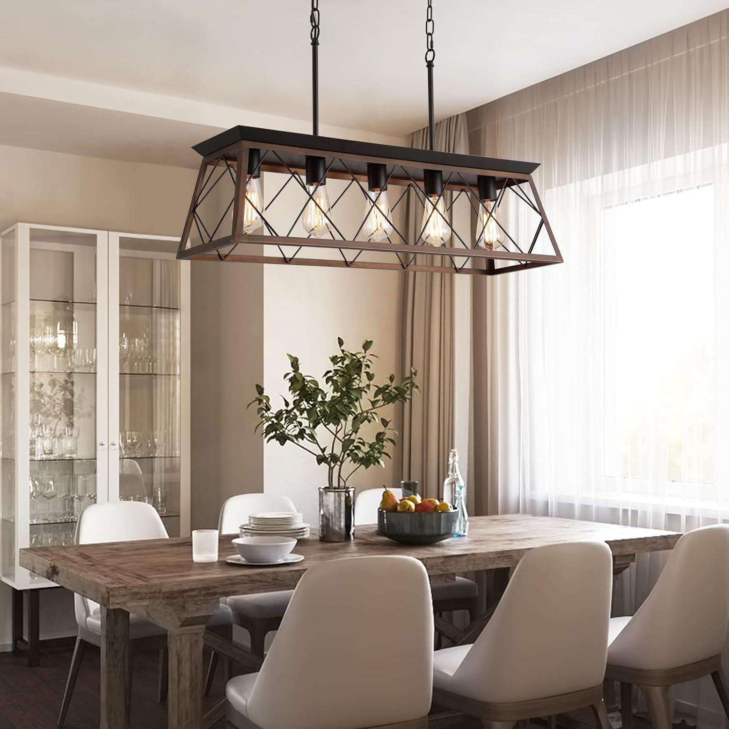 Progress Lighting Briarwood 5-Light Linear Chandelier, Antique Bronze, Faux-Painted Wood Enclosure
