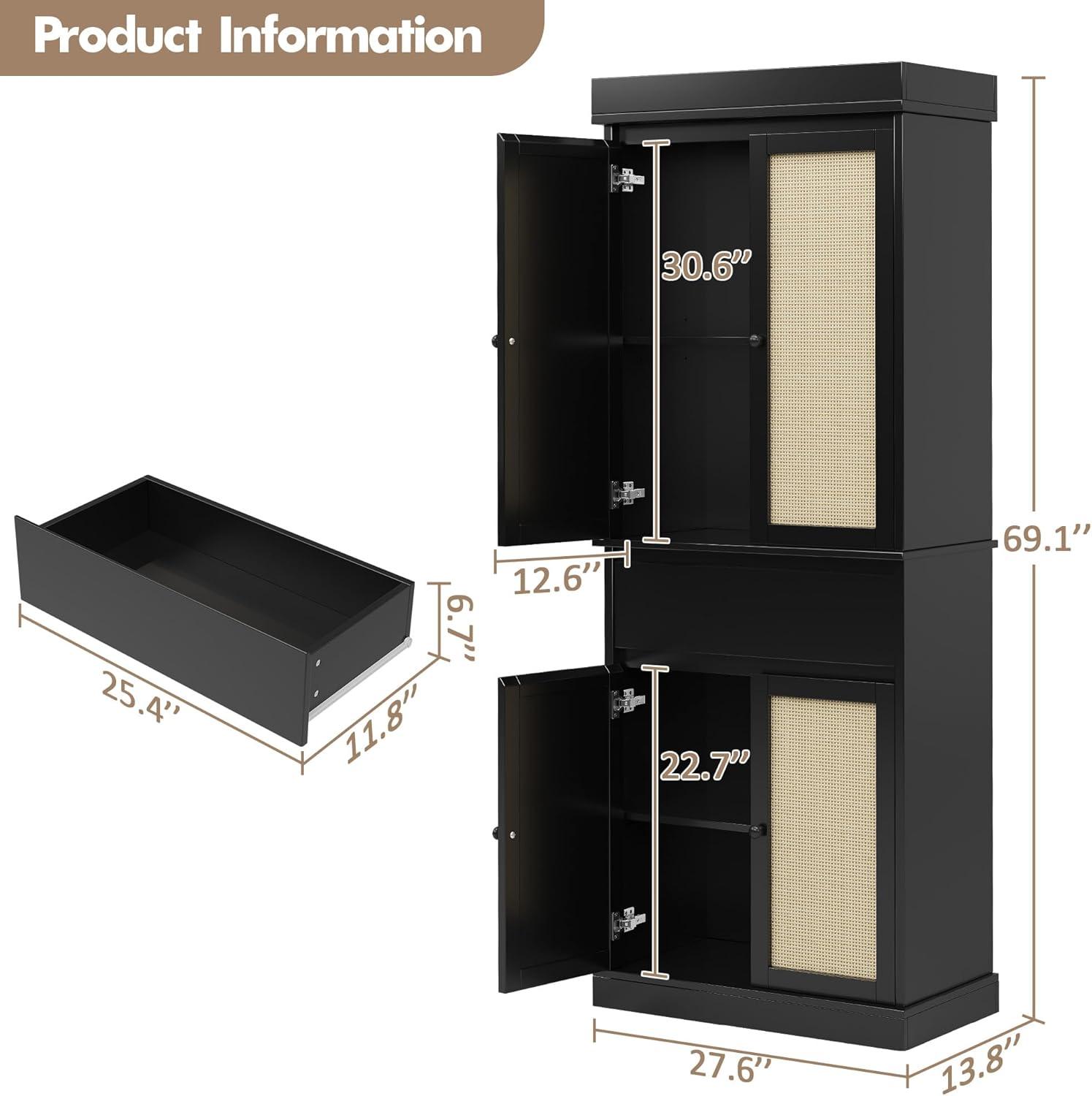 Tall Kitchen Pantry Cabinet 69" Storage Cabinet with Rattan Doors, Drawer and Adjustable Shelves, Cupboard for Bathroom Dining Room, Black